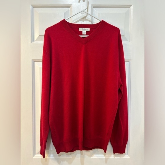Men's 100% Cashmere V-Neck Sweater Holiday Red Business Casual Preppy Sz L - Picture 1 of 5